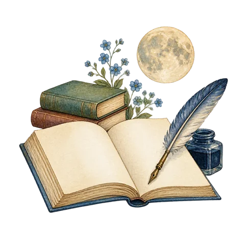 An open poetry book, a quill and a small full moon in a quiet literary still life