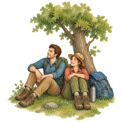 Two travellers resting beside a tree