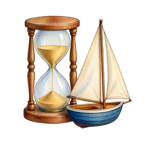 An hourglass beside a small sailing vessel