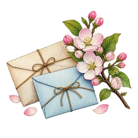 Two folded letters beside a flowering branch