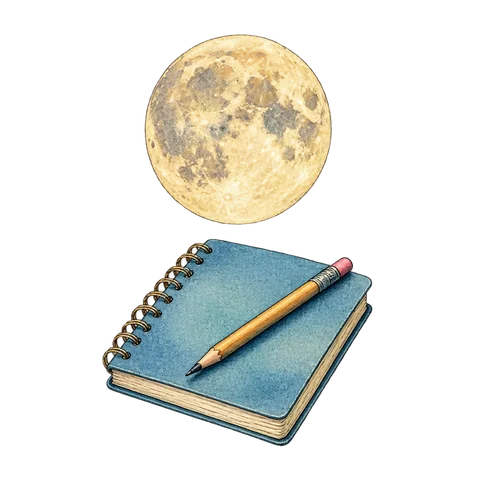 A full moon above a small notebook