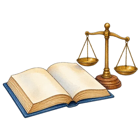 An open book beside a small balance scale