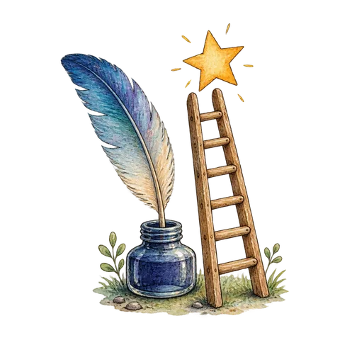 A quill beside a small ladder reaching toward a star