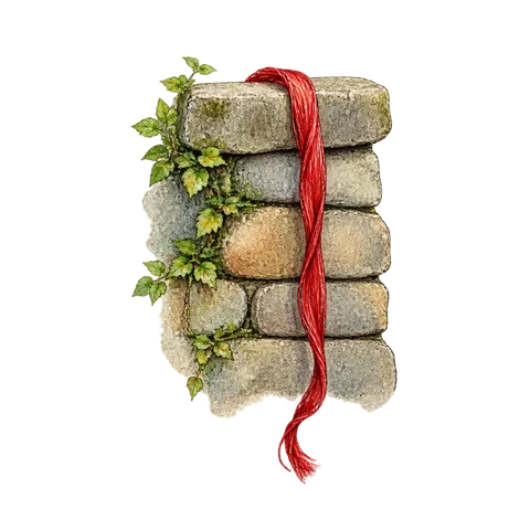A silk thread hanging on a small stone wall