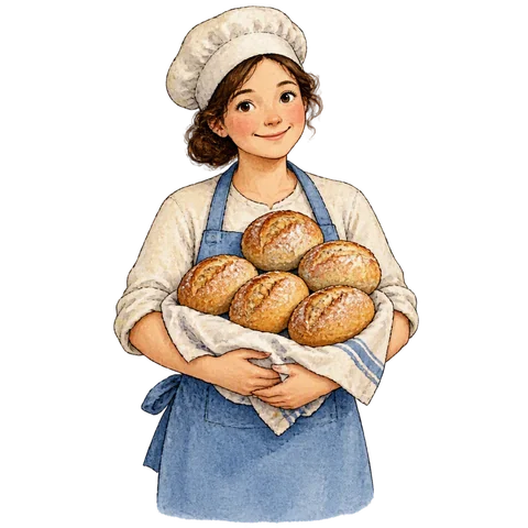 A baker holding five small loaves