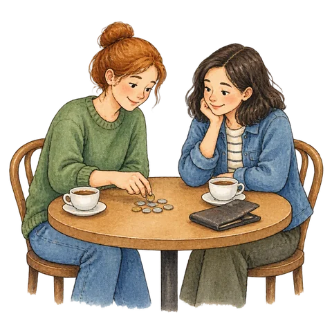 Two friends settling a café bill with coins