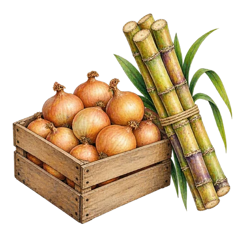 A crate of onions beside sugar cane