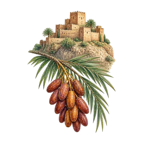 Dates hanging from a branch below a small citadel