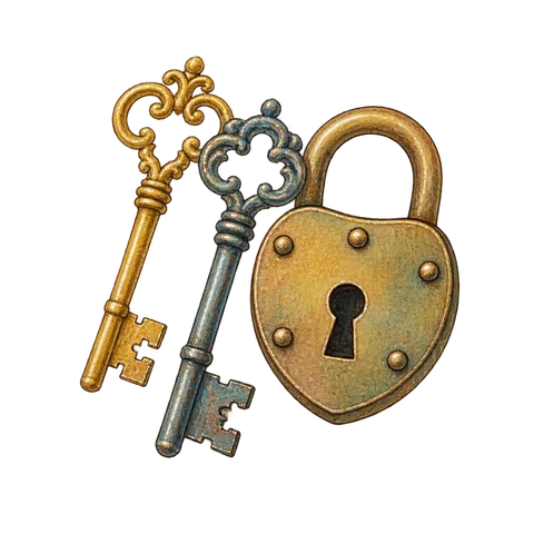 Two ornate keys beside a small lock