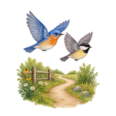 Two birds flying together over a path