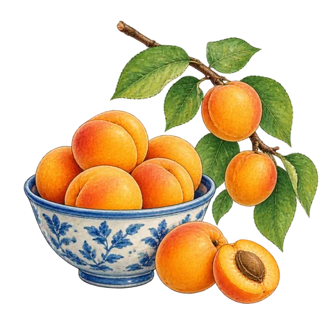 A bowl of apricots beside an apricot branch