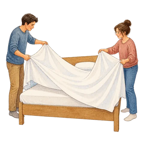 Two people spreading a plain bedsheet