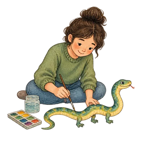 A person adding little legs to a painted snake