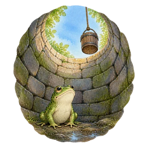 A frog looking up from the bottom of a well