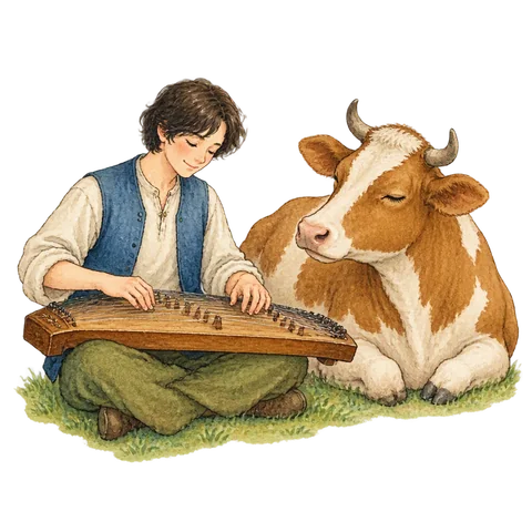 A musician playing a zither to a calm cow