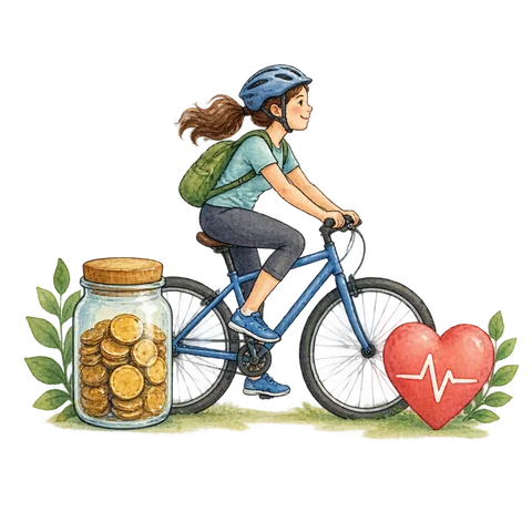 A cyclist passing a coin jar and a heart-shaped fitness symbol