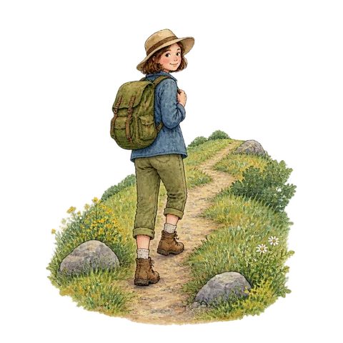 A traveler turning back halfway up a gentle hill