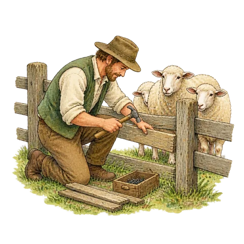 A shepherd repairing a gap in a sheep pen