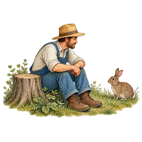 A farmer sitting beside a tree stump watching for a rabbit