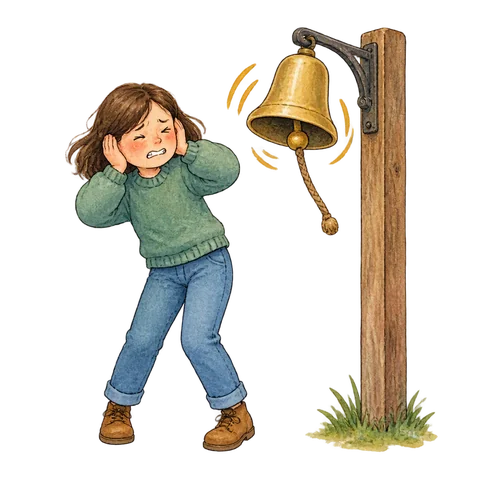 A person covering their ears beside a ringing bell