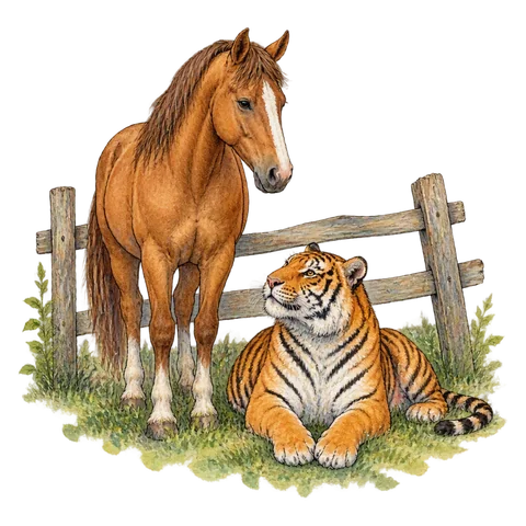 A horse and tiger beside a carelessly painted fence