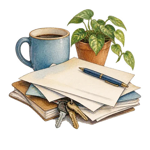 A cluttered desk with keys under papers