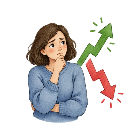 A worried person beside rising and falling arrows