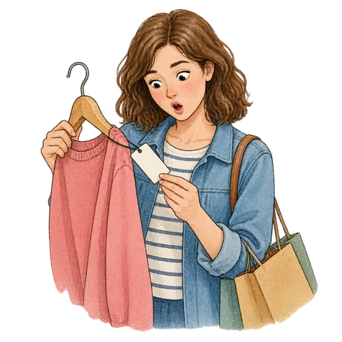 A surprised shopper looking at a blank price tag