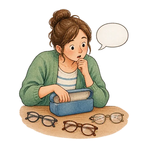 A person looking for glasses while speaking into a small blank bubble