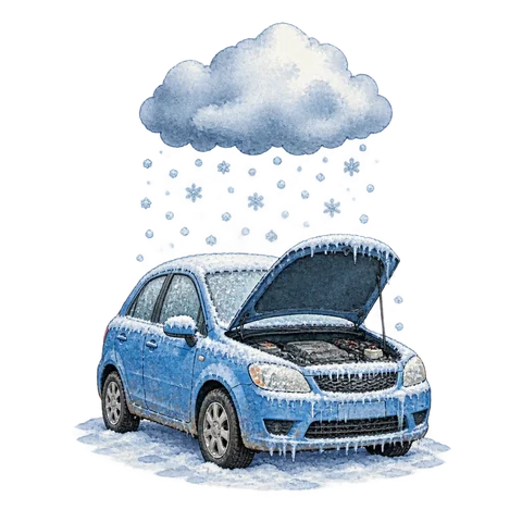 A broken car under a snowy cloud with a layer of frost