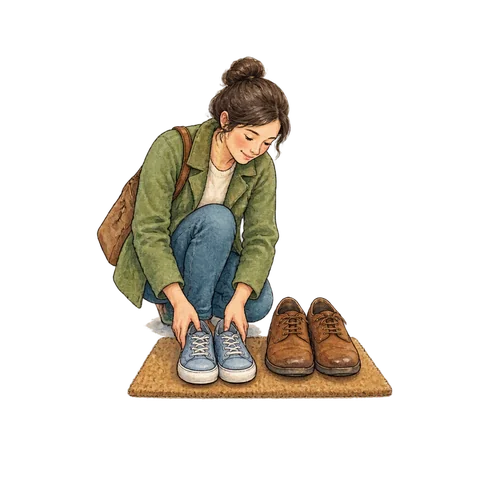 A visitor placing shoes beside a host's shoes