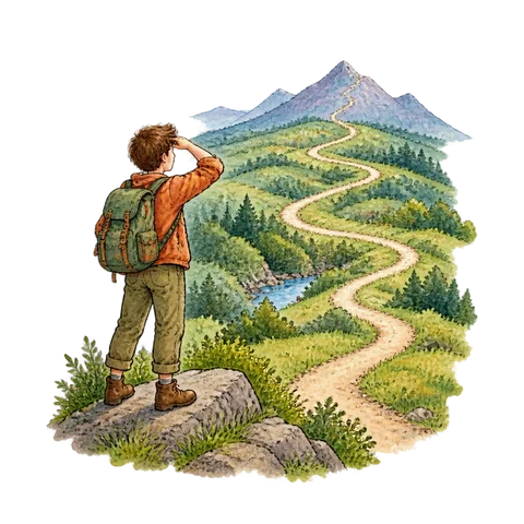 A traveler gazing in amazement at a long winding path