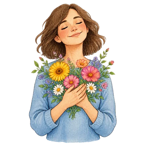A smiling person with bright flowers blooming around their heart