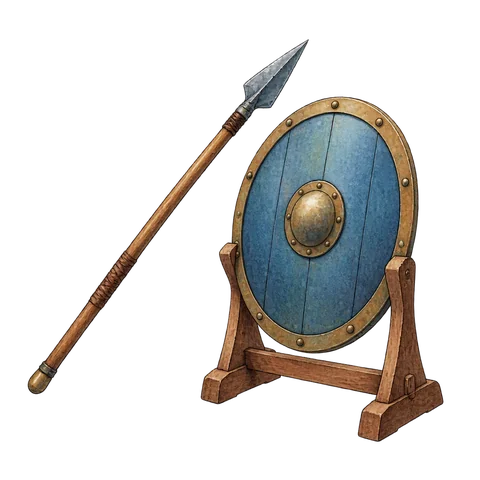 A spear pointing toward a shield on a display stand