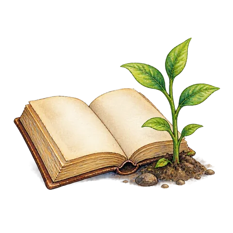 An open old book beside a new green shoot