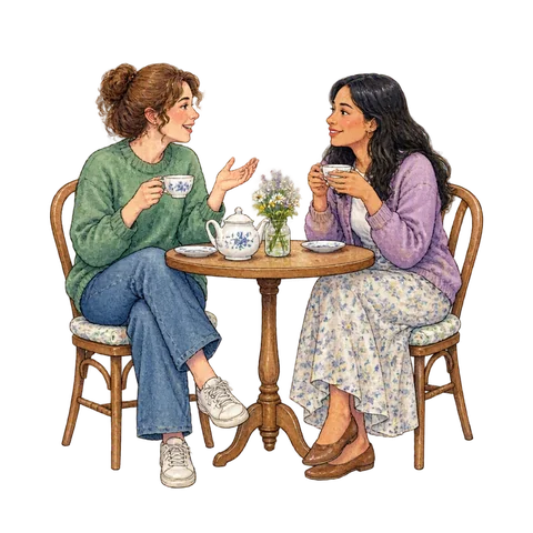 Two new acquaintances chatting warmly over tea