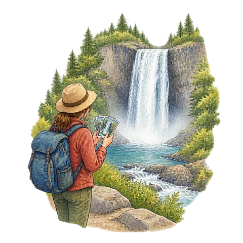 A traveler seeing a real waterfall after viewing small pictures
