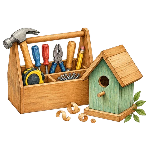 A neatly organized tool tray beside a completed project