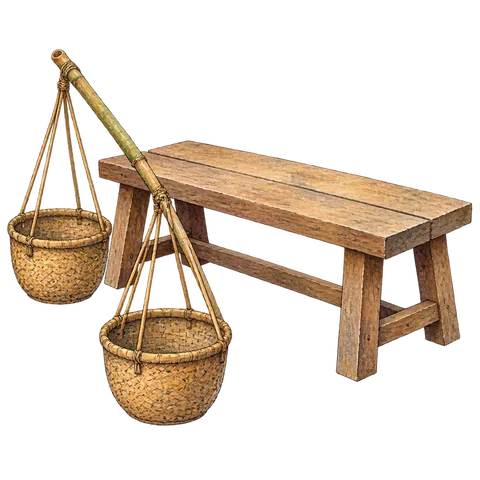 A long bamboo carrying pole beside a wide wooden bench
