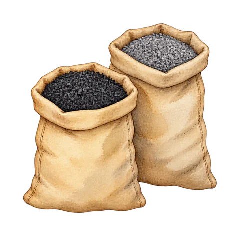 Two plain sacks containing black and gray granules