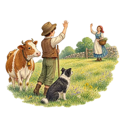 A cowherd and a woman waving across a meadow