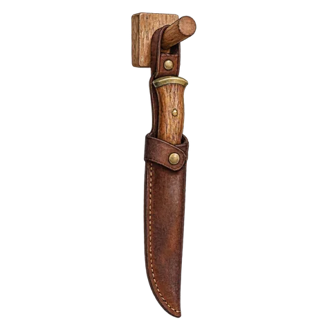 A safely sheathed knife hanging from a wooden peg