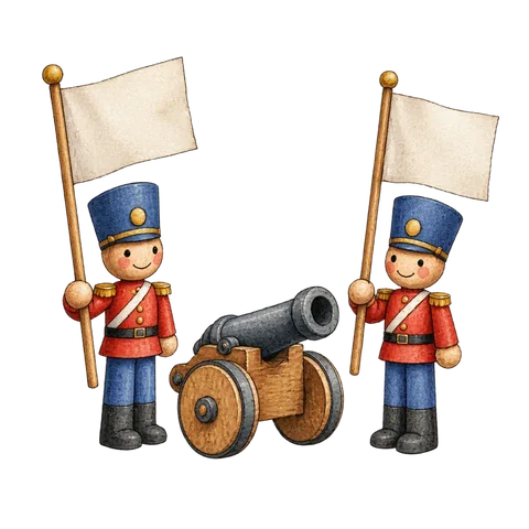 Toy wooden figures carrying blank flags beside a small toy cannon