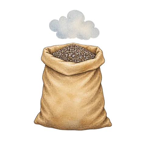 A plain sack of fertilizer with a faint cloud above it
