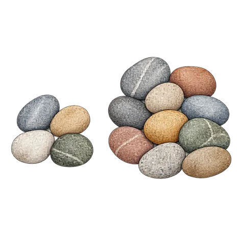 Four small stones beside ten small stones