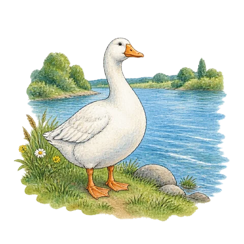 A plump white goose beside a wide blue river