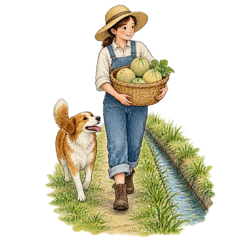 A person carrying a basket of melons beside a ditch and a dog