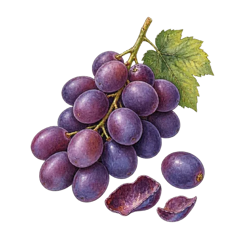 A bunch of purple grapes with a few loose skins