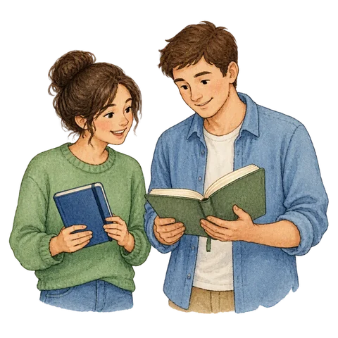 Two people comparing a closed and an open notebook