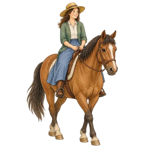 A mother sitting on a slow walking horse